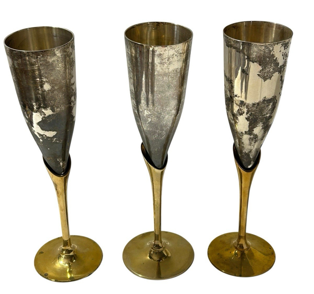 Vintage Silver Plate & Brass Champagne Flutes Maurice Duchin Lot of (3) 9.25”